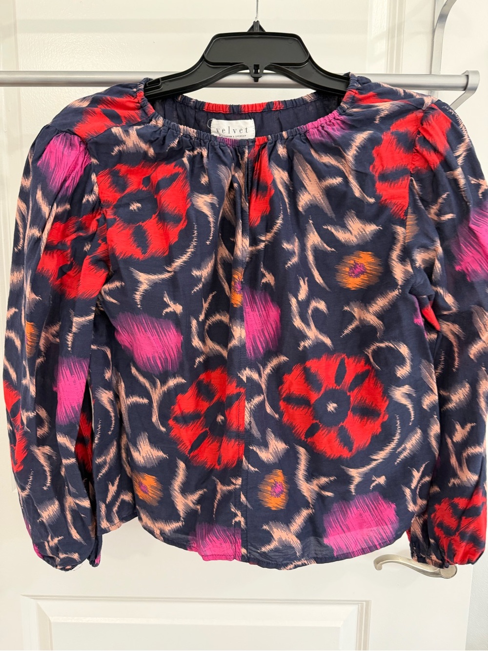 Velvet by Graham & Spencer Navy Floral Peasant Blouse with Red & Pink Accents